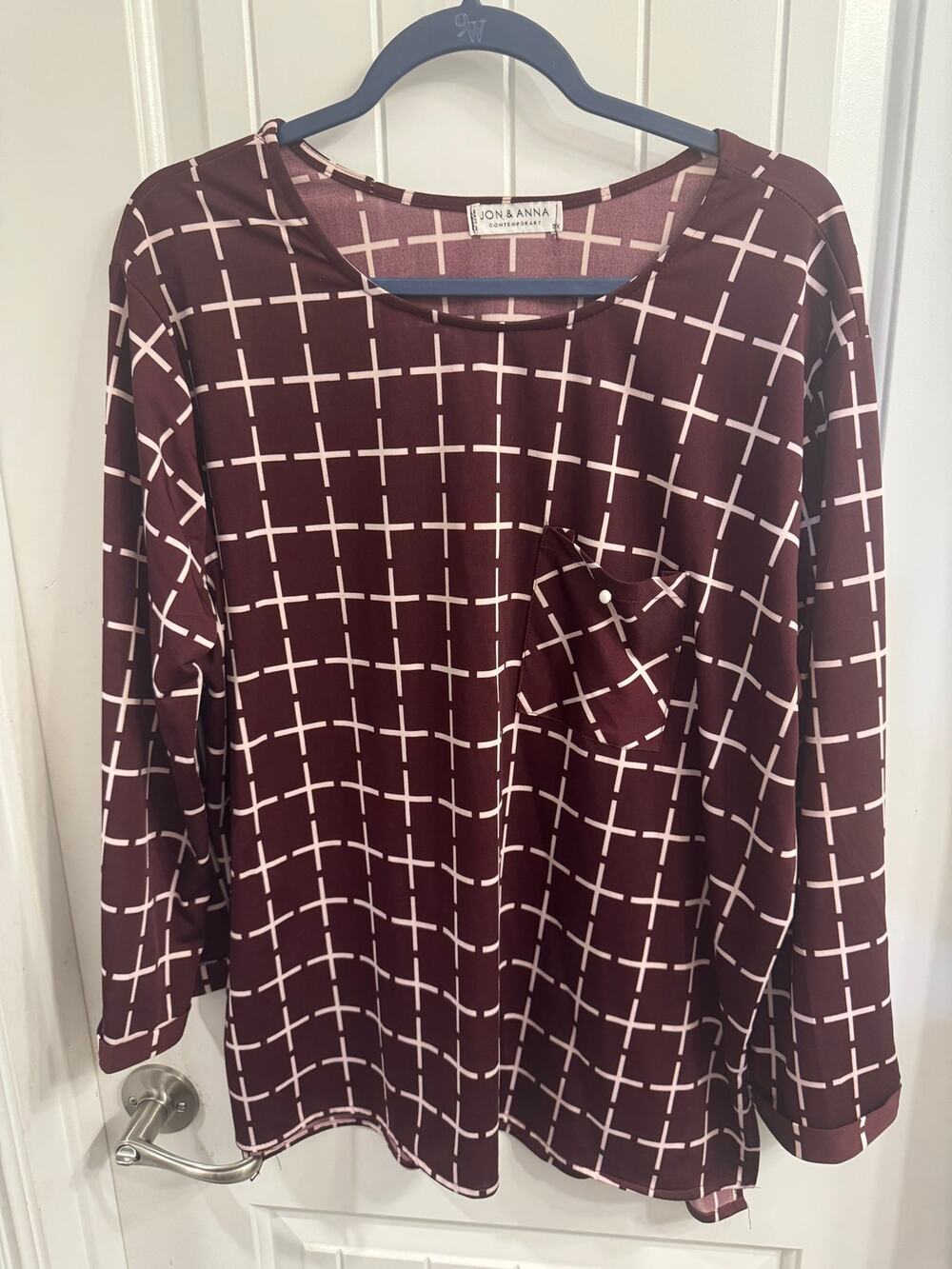Jon & Anna 3X Maroon and White Windowpane Grid Print Top